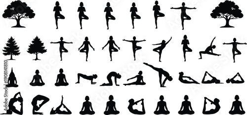 Yoga silhouette poses collection with meditation stretching balance exercises isolated on white background wellness mindfulness lifestyle illustration