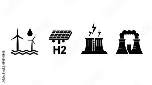 Set of 4 flat black glyph icons representing renewable energy sources and industrial power generation arranged in a grid on a white background