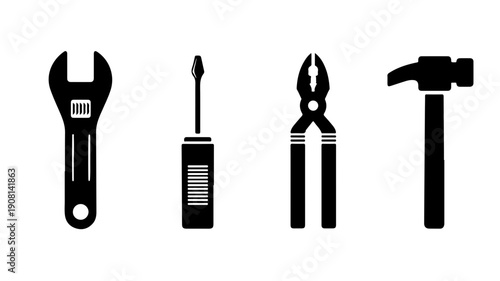 Set of 4 flat black glyph icons for tools including wrench screwdriver pliers and hammer on white background