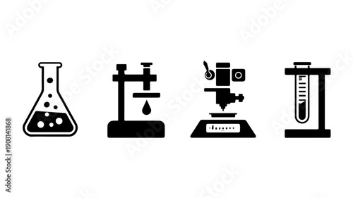 Set of 4 flat black laboratory equipment icons including beaker burette microscope and graduated cylinder on white background