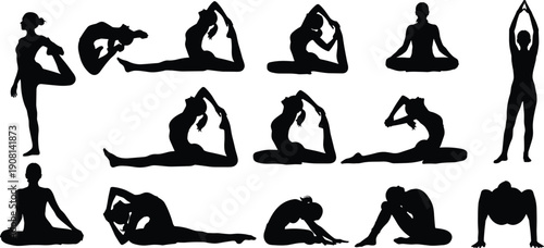 Yoga, poses, silhouette, woman, fitness, meditation, stretching, flexibility, exercise, wellness, balance, body, black, isolated, white, background, healthy, lifestyle, training, set