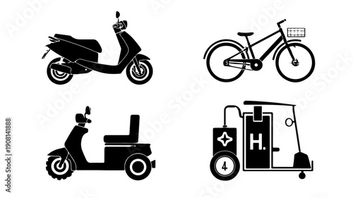 Set of 4 black glyph icons for transportation including scooter bicycle tuk tuk and hydrogen fuel cell vehicle on white background