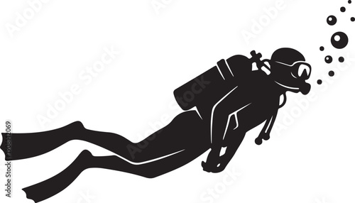 Scuba diver silhouette with air bubbles floating upward in an underwater scene