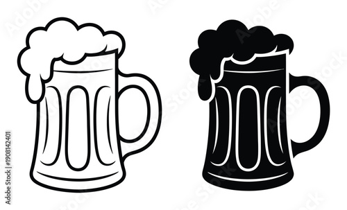Two stylized beer mugs, one outlined and one solid black, with frothy tops