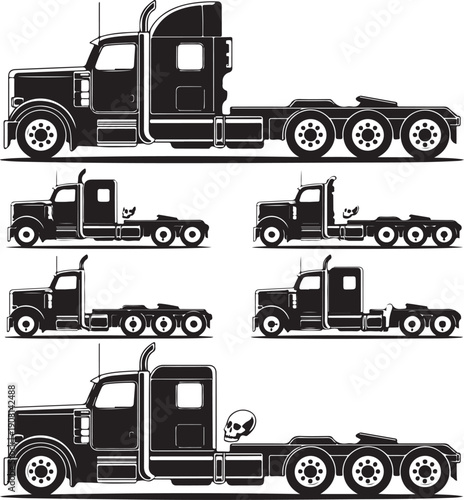 set of semi truck silhouettes with skulls on white background
