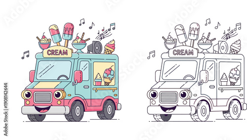 Cute cartoon ice cream truck character vector illustration with black and white coloring page outline, summer dessert delivery vehicle with sweets, popsicles and loudspeaker music notes.
