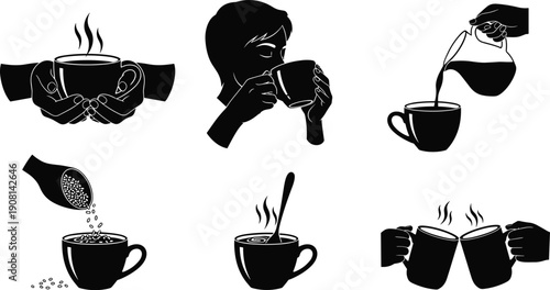 Black and white silhouettes of people drinking coffee