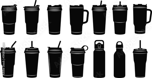 Black silhouettes of various reusable cups and tumblers travel mugs