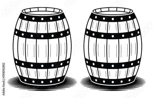 Two Wooden Barrels with Black Bands and White Dots, Isolated on White