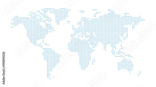 Flat Blue Square Dotted World Map - Minimalist Digital Data Network Concept