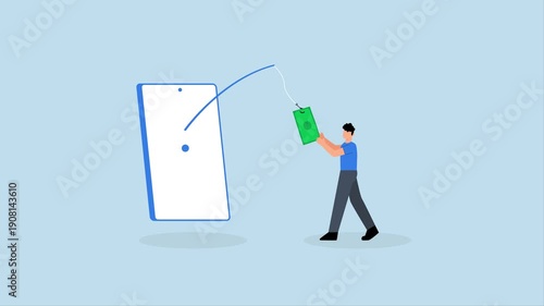 Phone scam, 4k animation of greedy man hunts easy money bait for lying thief call.