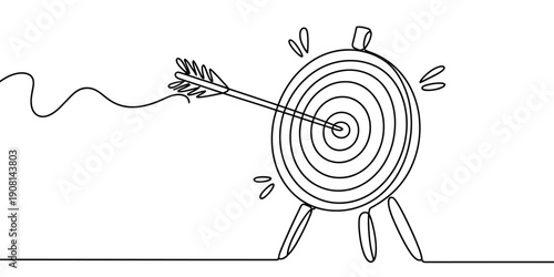 Continuous line drawing of an archery target with an arrow hitting the bullseye perfectly