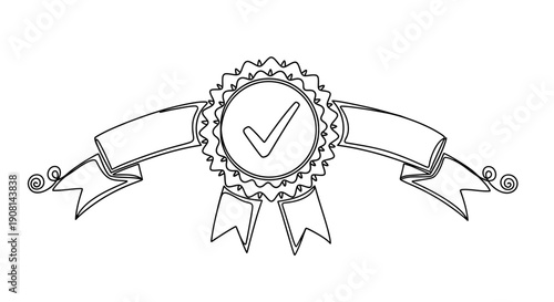 Black and white line drawing of a rosette award ribbon with checkmark symbol