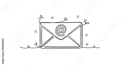 Email envelope icon with at sign and decorative lines on white background