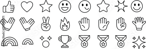 Black and white line of hands gestures and symbols line black and white thumbs up