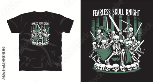 Fearless skull knight army drawing for apparel with skeleton warriors holding swords in battle pose t-shirt design
