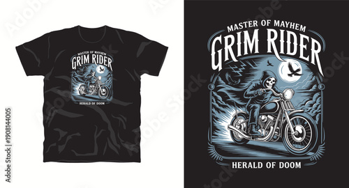 Grim rider master of mayhem t-shirt design with skeleton character riding motorcycle