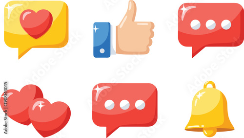 Social media with hearts thumbs and bell notifications social media heart thumbs up