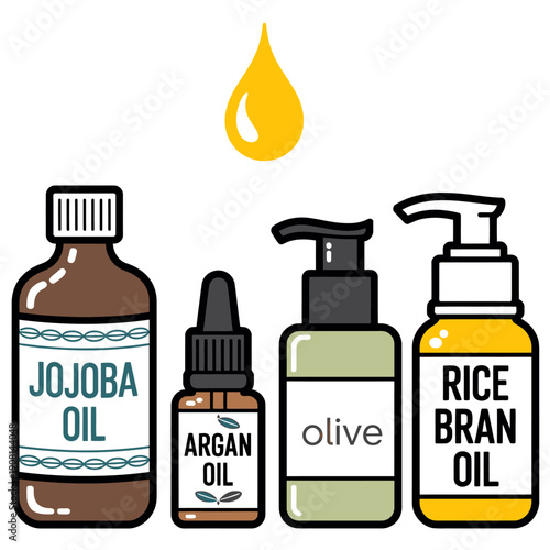 Four bottles of different types of oil for cosmetics and nutrition  health and wellness products