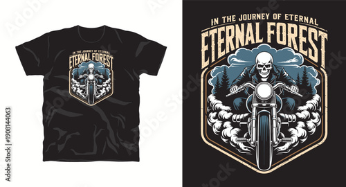 Eternal forest motorcycle rider skull illustration for apparel featuring biker skeleton in pine woods t-shirt design