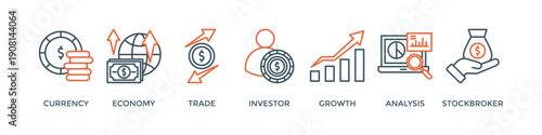 Forex banner web icon vector illustration concept with icon of currency, economy, trade, investor, growth, analysis and stockbroker