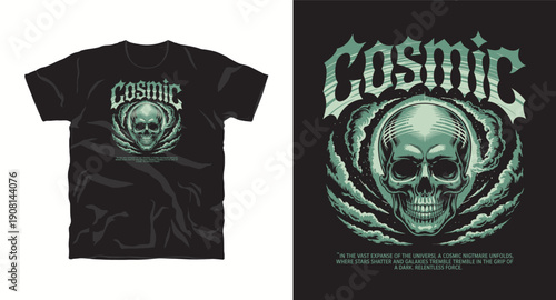 Cosmic t-shirt design with skull illustration surrounded by abstract shapes