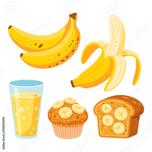 Cartoon bananas fruit juice glass muffin and toast with banana slices on white background