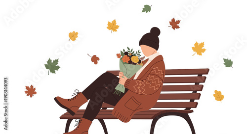 Woman Sitting on Park Bench with Autumn Bouquet and Falling Leaves Illustration