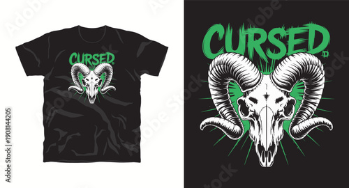 Cursed t-shirt design with ram skull illustration on dark background