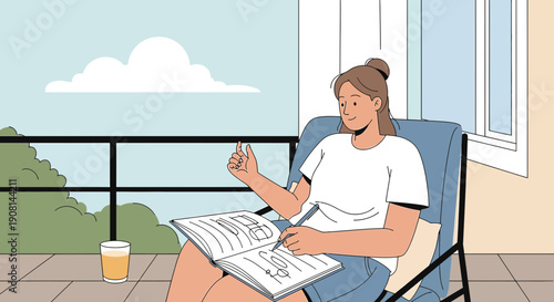 Woman sketching flowers on balcony, creative hobby, enjoying summer day