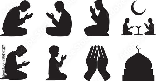 A set of black silhouette icons illustrating various postures of Islamic prayer and religious devotion