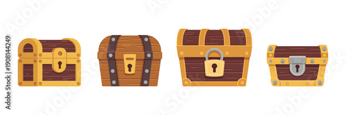 Collection of cartoon treasure chests with locks and golden hardware