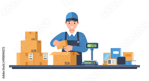 Delivery Worker Packaging Boxes for Shipping on a Conveyor