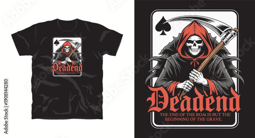 Grim reaper holding scythe with spade symbol on playing card t-shirt design