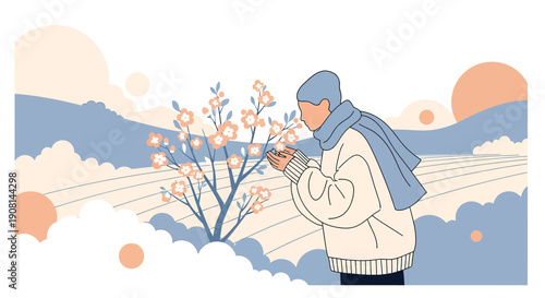 Woman smelling cherry blossom tree in winter landscape, minimalist illustration