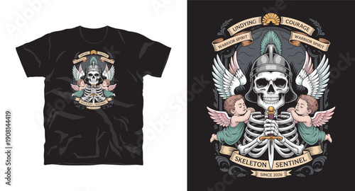 Skeleton warrior angel cherub t-shirt design with sword and shield