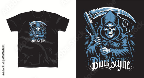 Black scythe grim reaper character holding sickle with lightning background in vintage style t-shirt design