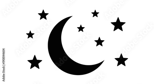 Black crescent moon surrounded by stars on white background.