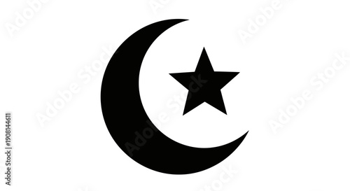 Islamic symbol crescent moon and star icon.