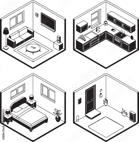 Isometric black and white illustration of various home interiors