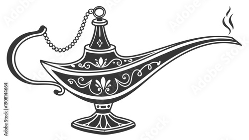 Ornate magical lamp with smoke rising from spout, symbolizing wishes and fantasy.