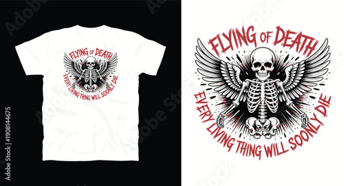 Skeleton with wings and sunburst effect flying of death vintage vector graphic for t-shirt design