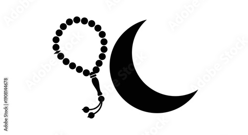 Islamic symbols prayer beads and crescent moon silhouette.