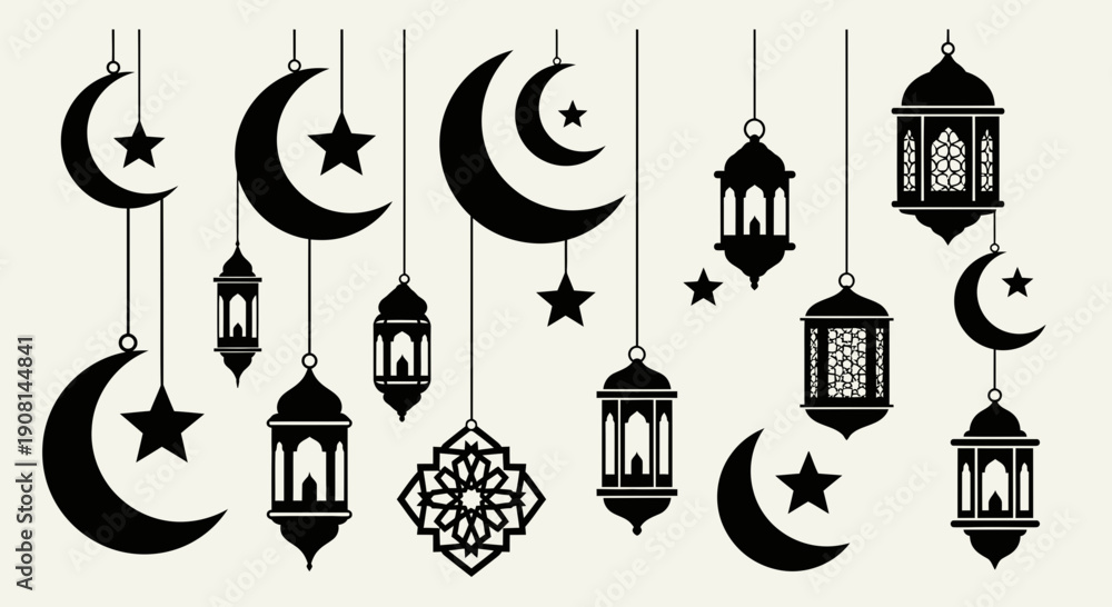 Fototapeta premium Islamic themed hanging lanterns and crescent moons with stars.