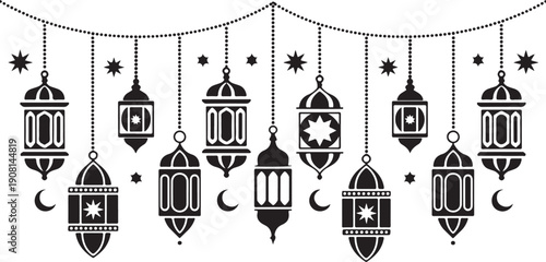 Beautiful ornate Islamic lanterns stars and crescent moons forming a festive hanging garland