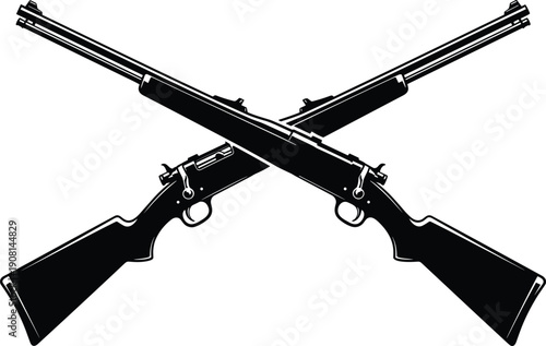 Crossed rifle silhouette illustration in black and white, vintage hunting firearms vector design isolated on white background for military, western, and historical concepts