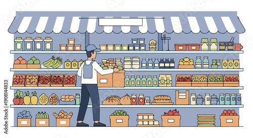 Illustration of a Grocer Arranging Produce and Goods in a Shop