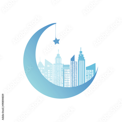 Crescent Moon Embracing City Skyline Silhouette at Night.