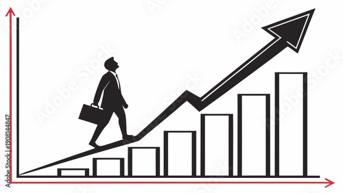 Businessman climbing upward graph representing career growth and success.
