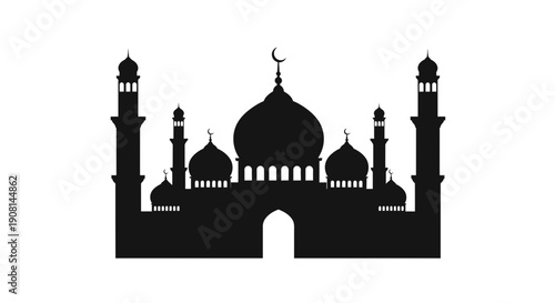 Silhouette of a mosque with domes and minarets.